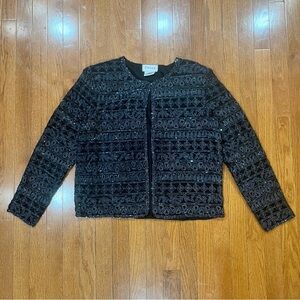 Vintage Stenay Black Open Front Beaded Jacket Women’s Medium Evening Formal Silk